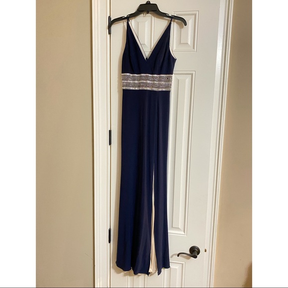 Xscape Beaded Plunge Gown - Navy & Silver - Picture 8 of 12